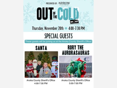 Anoka County Sheriff's Office to Host Santa and Rory the Aurorasaurus at HOPE 4 Youth’s “Out of the Cold” Event