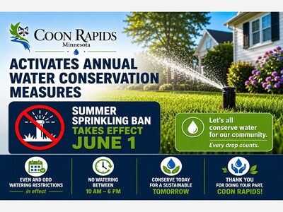 MINNEAPOLIMEDIA NEWS | Coon Rapids Activates Annual Water Conservation Measures as Summer Sprinkling Ban Takes Effect June 1
